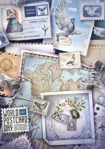 Vintage postage stamps on the background of the old world map.