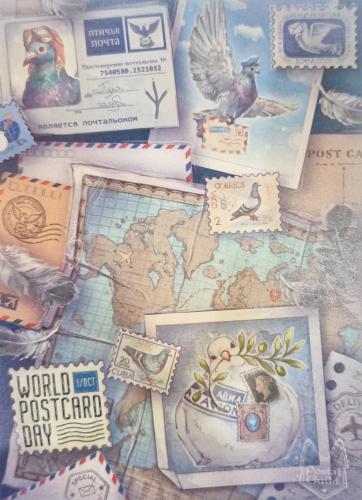 Vintage postage stamps and postcard background, closeup of photo