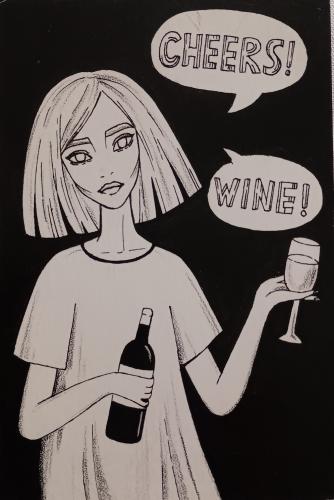 Girl with a bottle of wine and a speech bubble. Hand drawn illustration.
