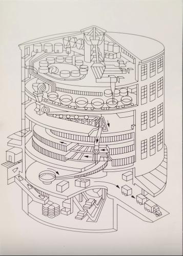 Drawing of the construction of a modern building on a white background