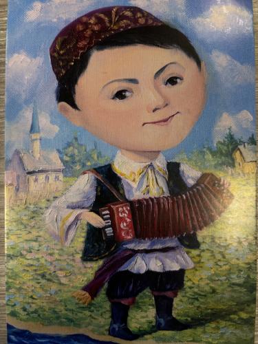 A painting of a girl playing the accordion in the village.