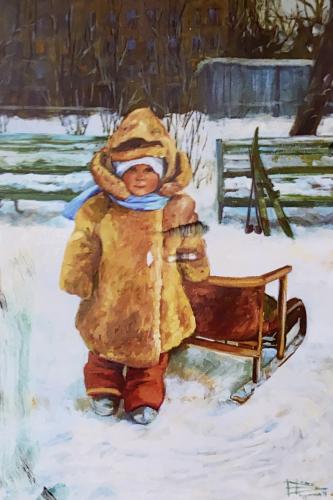 Child playing on a wooden sled in the winter park. Children's drawing.