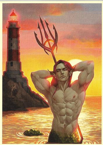 Nude man with trident in front of the lighthouse at sunset