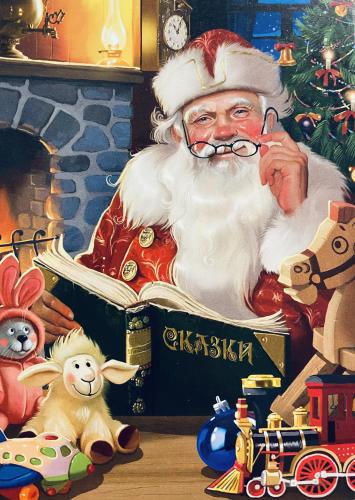 Santa Claus reading a book in front of a fireplace at home.