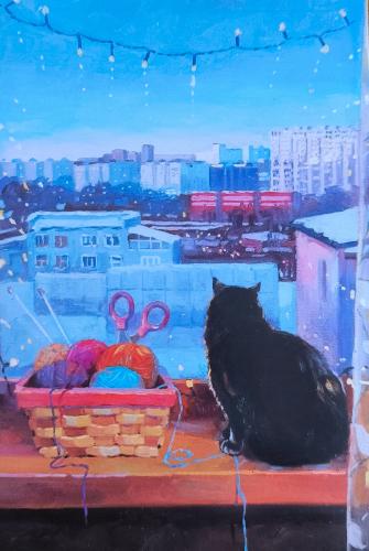 A black cat sits on the windowsill and looks at the city.