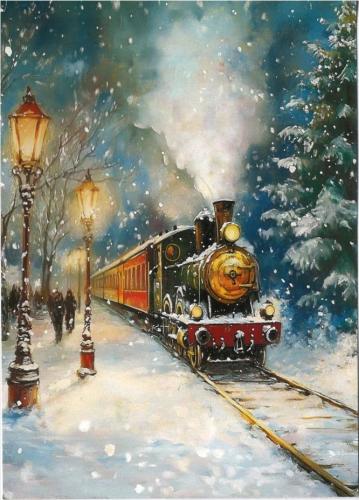 Digital painting of a steam locomotive on a snowy winter day.