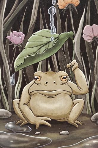 Frog sitting on a leaf in a pond. Watercolor illustration.