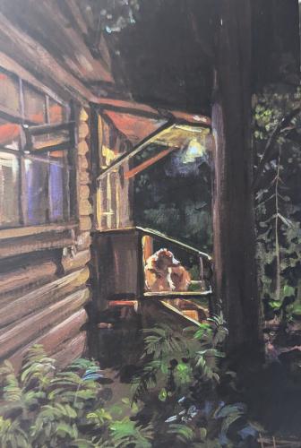 Watercolor painting of a dog on the porch of a wooden house