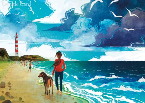 A girl with a dog on the background of the sea and a lighthouse