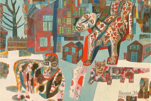 Hand drawn illustration of a cat and a dog in the city.