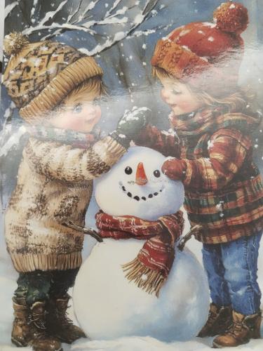 Children playing in the snow with a snowman. Christmas card.