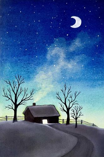 Winter landscape with house, moon and tree. Watercolor painting.