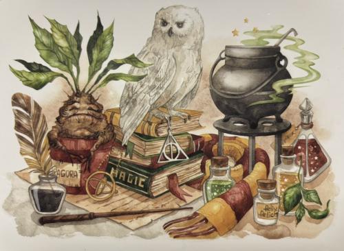 Vintage illustration with book, owl, magic potion, cauldron Vintage illustration with book, owl, magic potion, cauldron