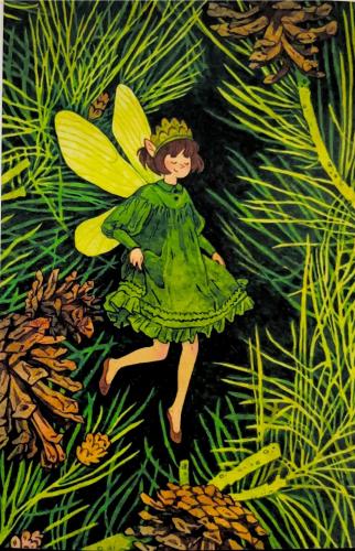 Illustration of a fairy on a background of a Christmas tree.