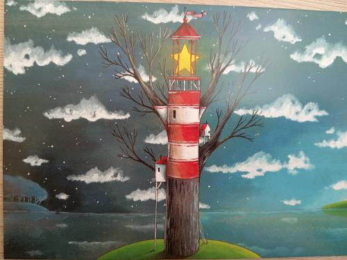 Lighthouse on the background of the night sky with clouds. Children's drawing.