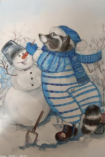 Snowman and raccoon in winter clothes. Watercolor painting.