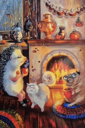 Hedgehog and cat in the fireplace. Original oil painting.