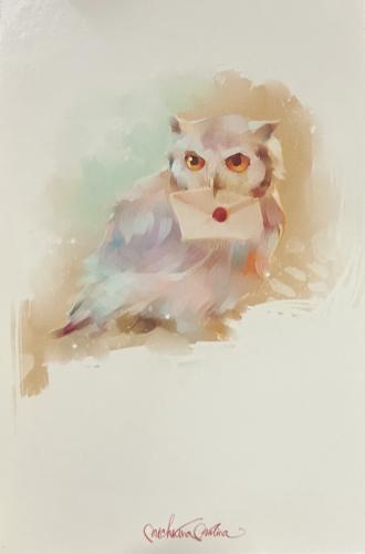 Watercolor painting of an owl on a white background. Hand-drawn illustration.