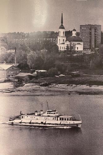 Vintage photo of a cruise ship on the Volga River. Russia.