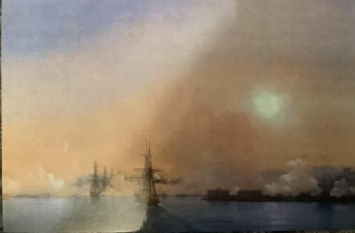 Vintage oil painting of a ship in the sea at sunset.