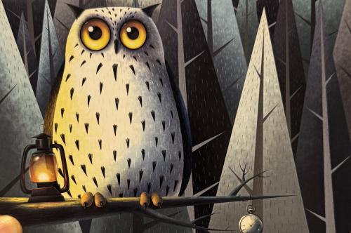Owl with a lamp in his hand. 3D illustration.