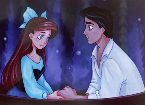 Illustration of a young couple in love in a night city.