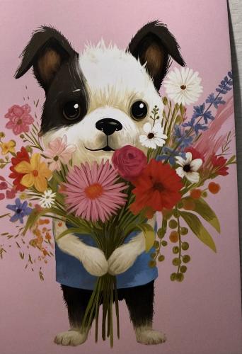 Dog with a bouquet of wildflowers on a pink background