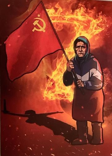 Man holding the flag of Russia in hand. Illustration on a red background.