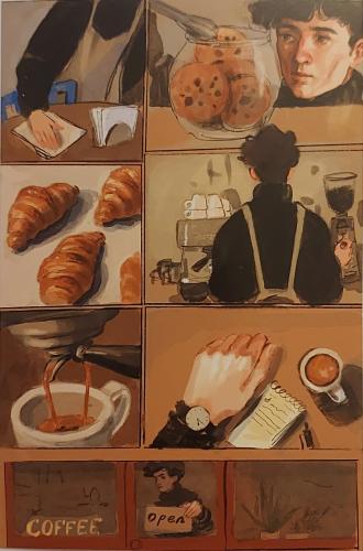 Coffee and croissants on the table of a cafe