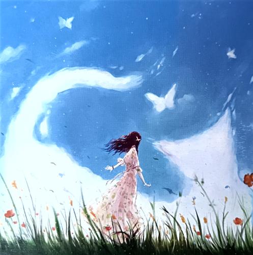 Girl in a white dress on a background of the sky with clouds