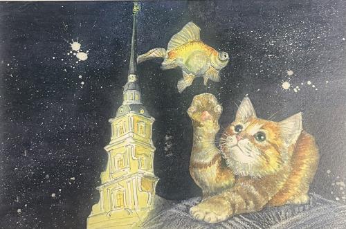 Cat and fish. Hand drawing by pencil on old paper. Vintage painting.