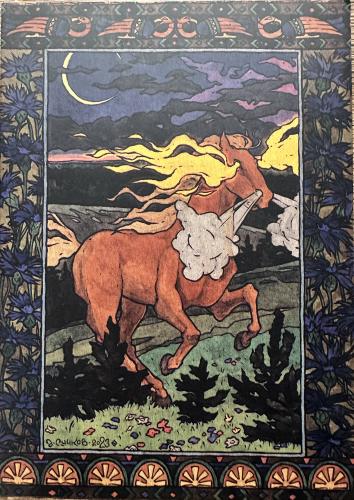 Illustration of a horse on the background of the night sky.