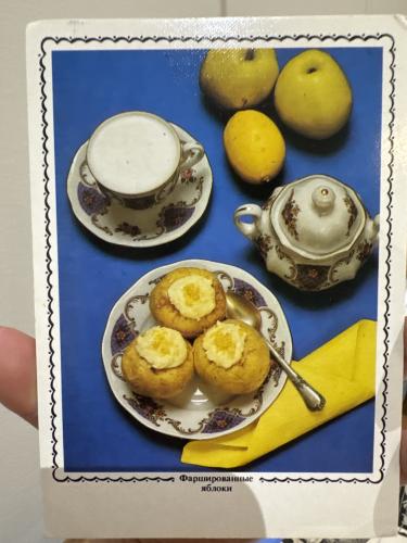 Homemade cakes with apples and pears on a blue background.