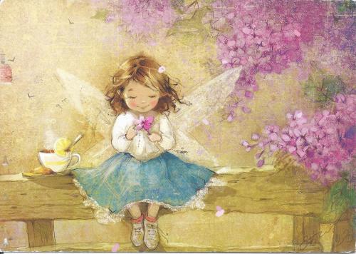 Little girl sitting on a bench with a cup of tea and a butterfly