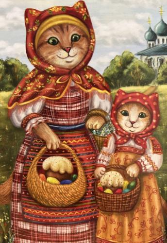 Ukrainian folk painting of the Mother of God with a cat and a basket of eggs