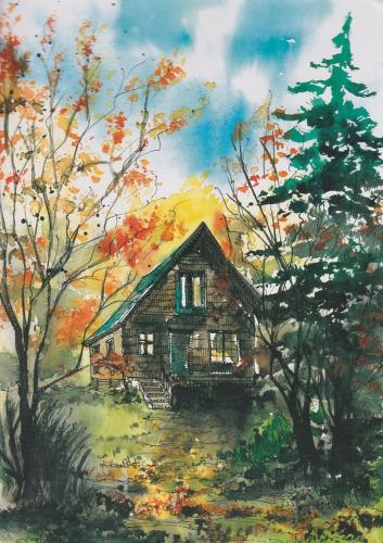 Watercolor painting of a cottage in the autumn forest. House in the village.