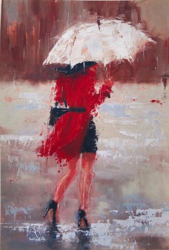 Girl in a red dress with an umbrella stands in the rain.
