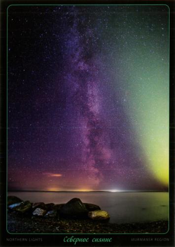 Aurora borealis in the night sky with stars and sea.