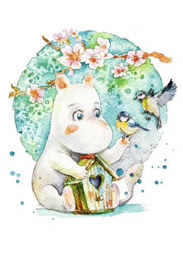 Watercolor illustration of a cute white bear with a birdhouse and a bird.
