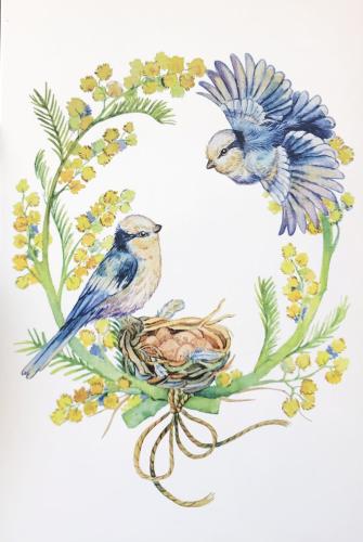 Watercolor painting of birds in the nest with mimosa flowers.