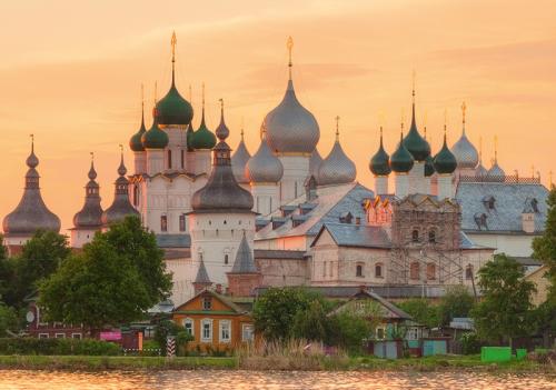 View of the Rostov Kremlin at sunset in Rostov, Russia