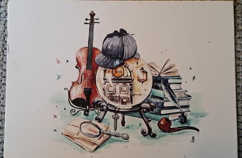 Drawing of violin, books and magnifying glass on white paper