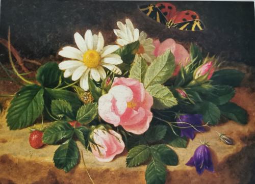Still life with wildflowers and ladybugs on a wooden board