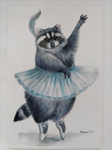 Raccoon ballerina on a white background. Drawing by hand.