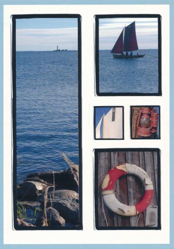 Photo collage of lifebuoy and other objects on the sea