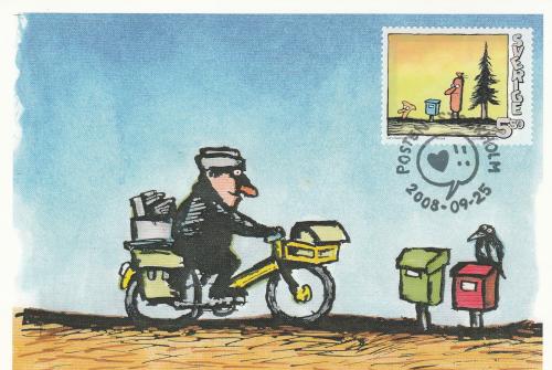 postage stamp with a man on a scooter delivering a parcel