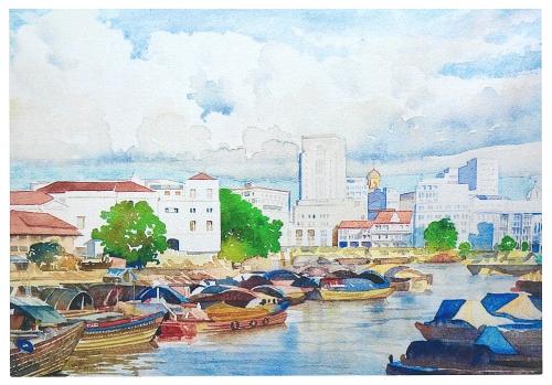 Watercolor painting of Amsterdam cityscape, Holland, Netherlands, Europe
