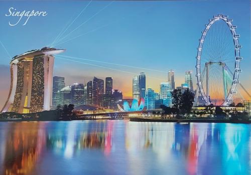Singapore skyline at sunset with skyscrapers and ferris wheel