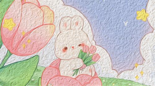 Children's drawing of a rabbit and a flower on a colored background
