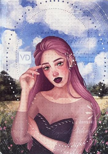 Vintage portrait of a beautiful girl with pink hair in a field